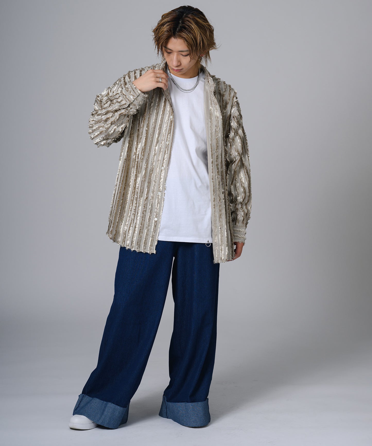 ジャガードストライプ長袖シャツ