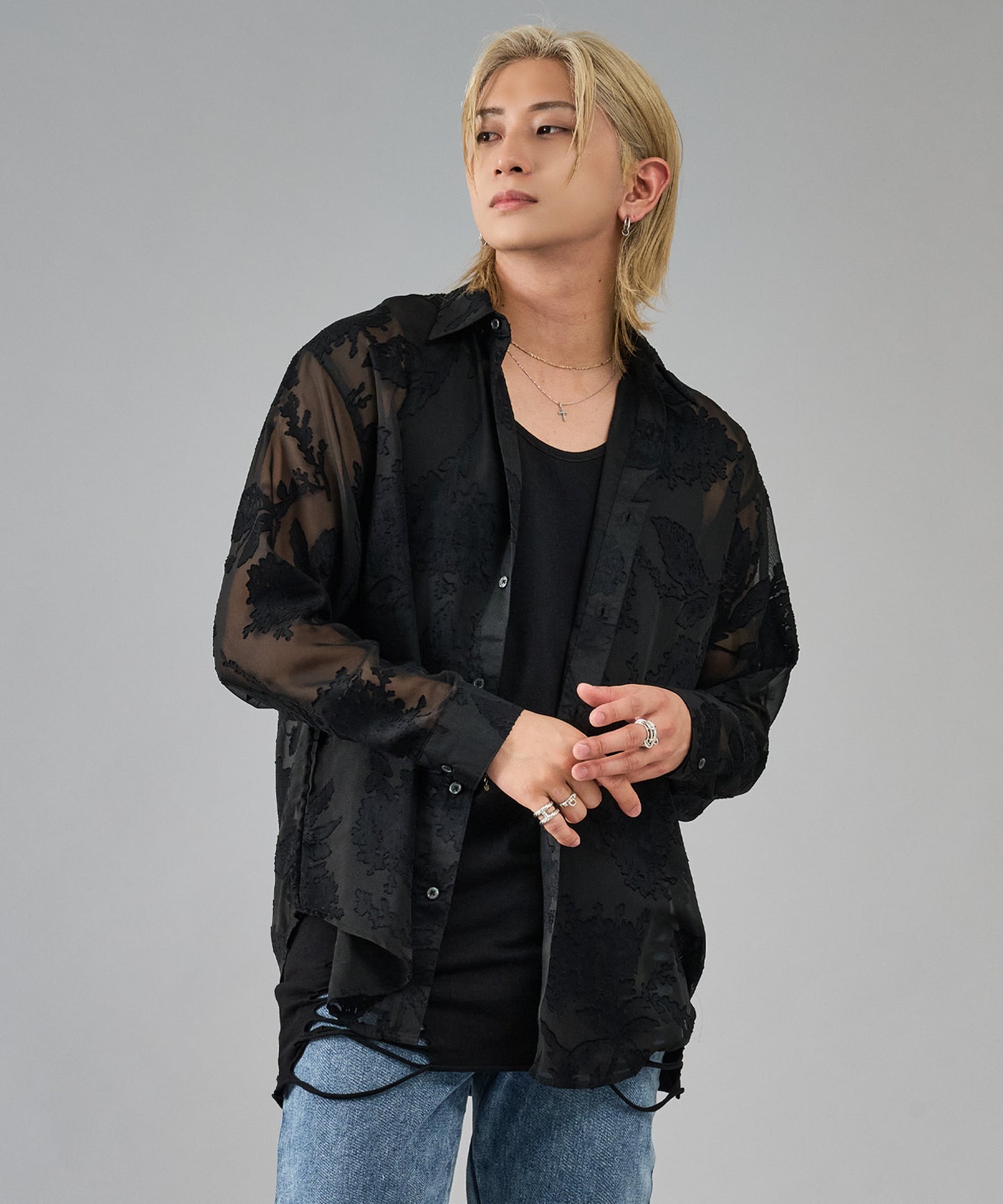 シースルーフラワージャガード長袖シャツ