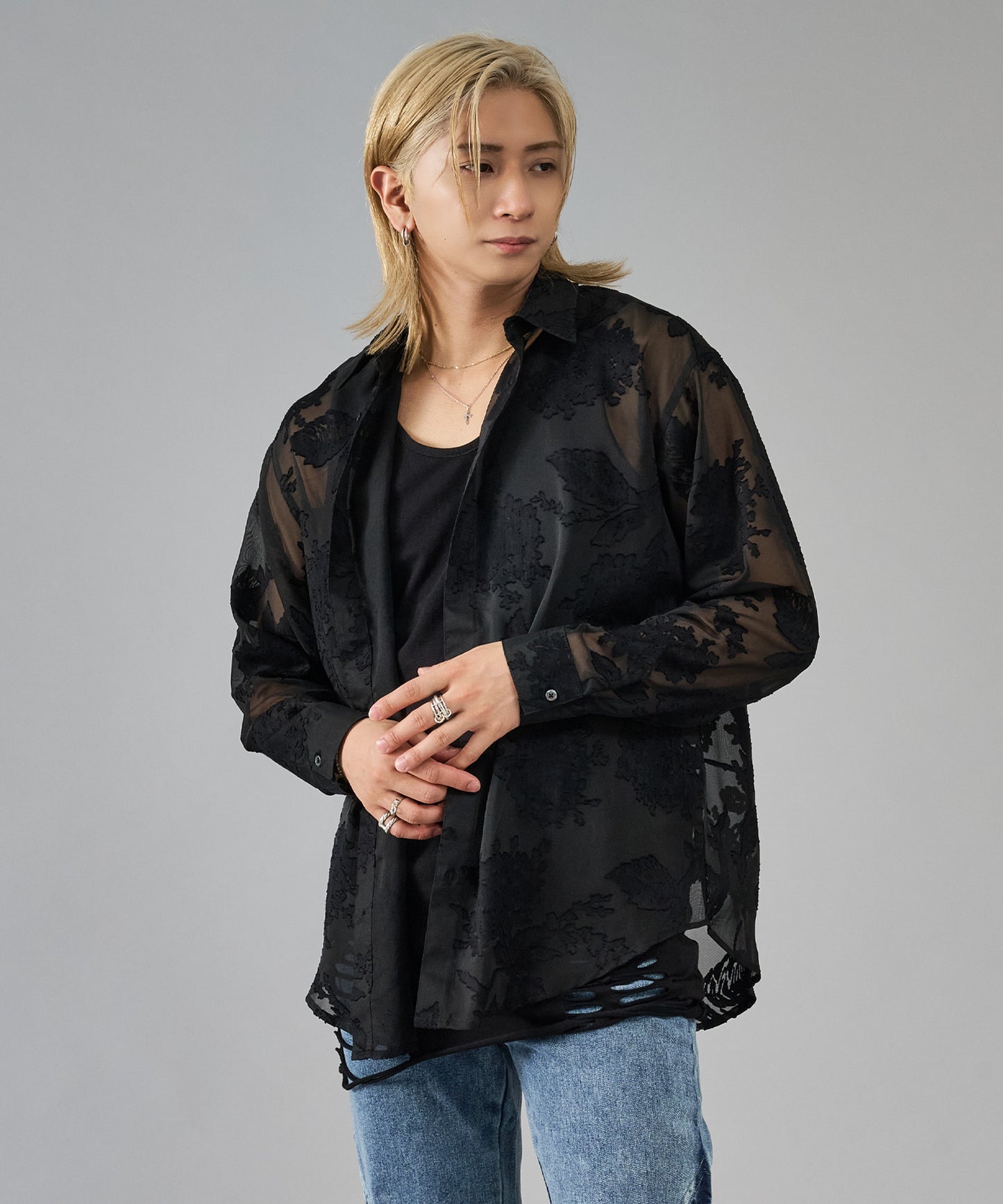 シースルーフラワージャガード長袖シャツ