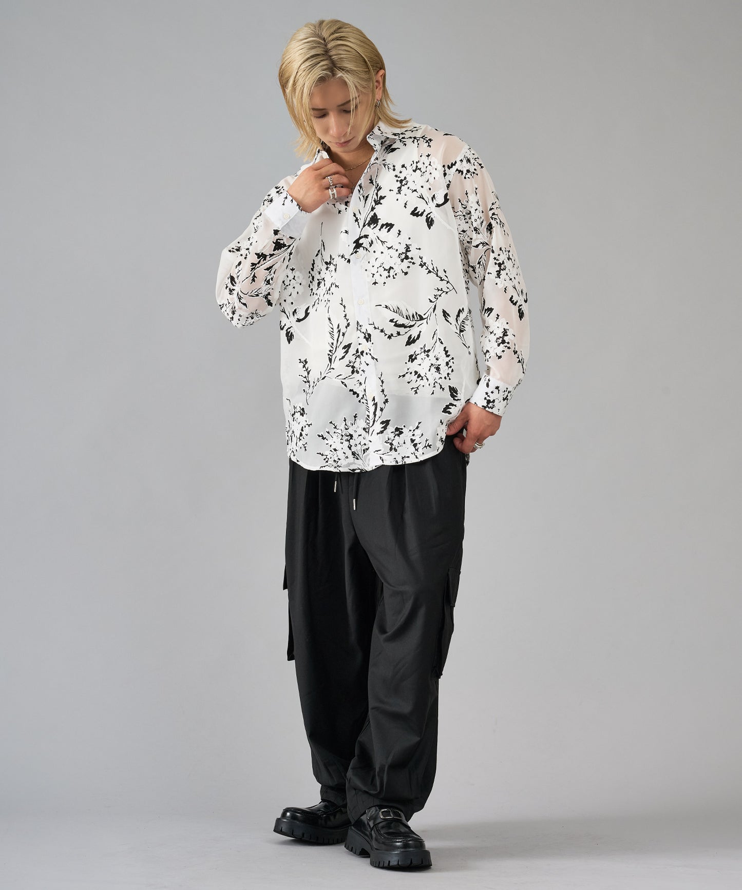 シースルーフラワージャガード長袖シャツ