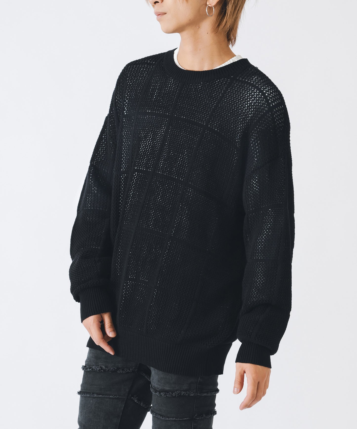 メッシュクルーネックニット
