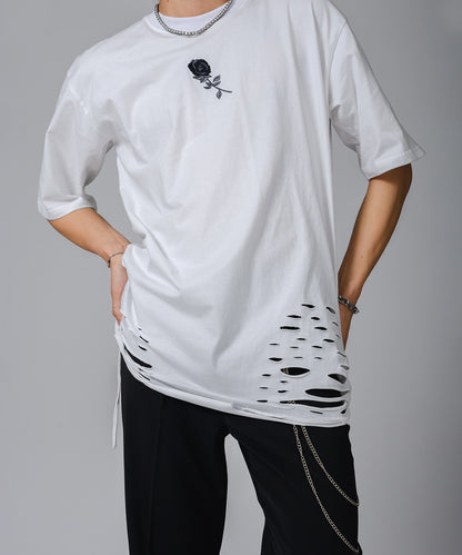 ローズ刺繍グランジTシャツ