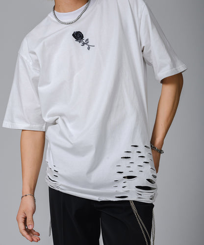 ローズ刺繍グランジTシャツ