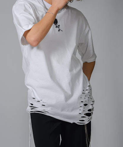ローズ刺繍グランジTシャツ