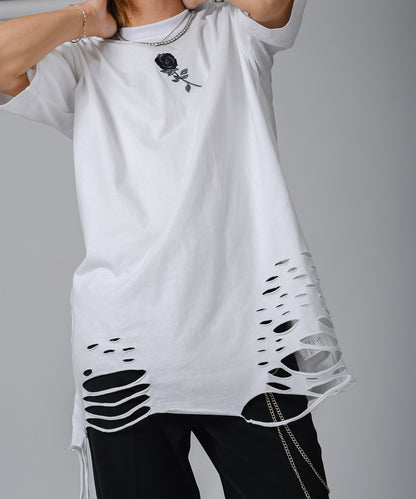 ローズ刺繍グランジTシャツ