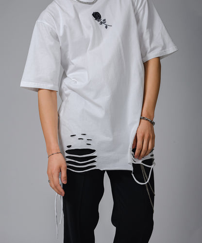 ローズ刺繍グランジTシャツ