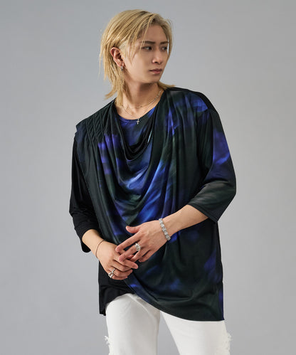 7分袖フラワープリントドレープTシャツ
