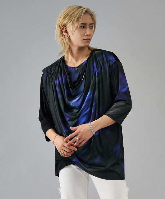 7分袖フラワープリントドレープTシャツ