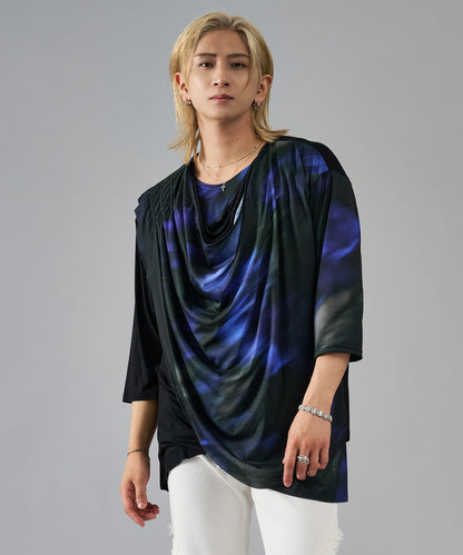7分袖フラワープリントドレープTシャツ