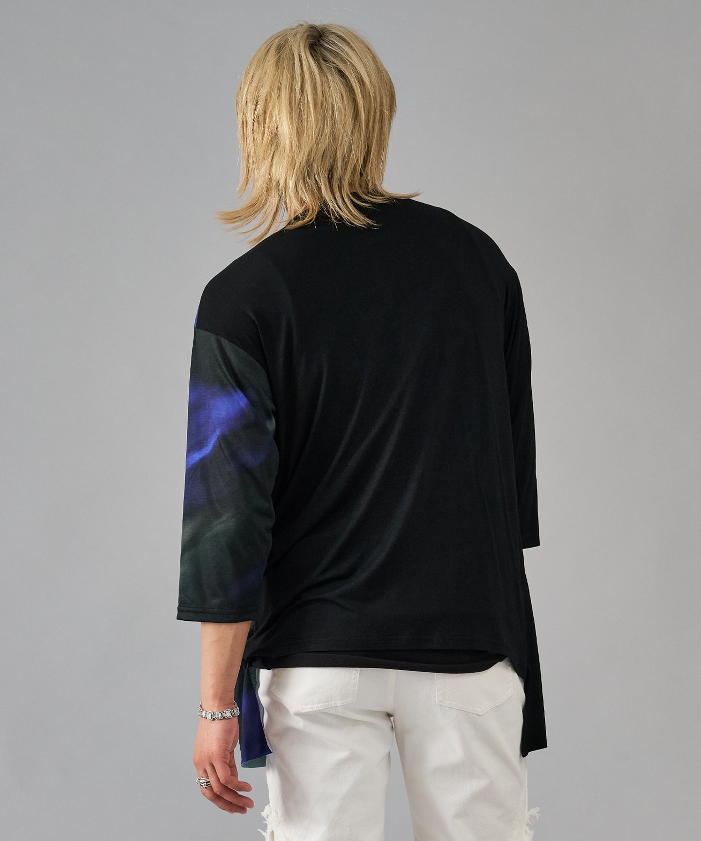7分袖フラワープリントドレープTシャツ