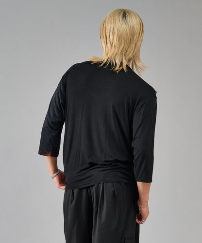 7分袖フラワープリントドレープTシャツ