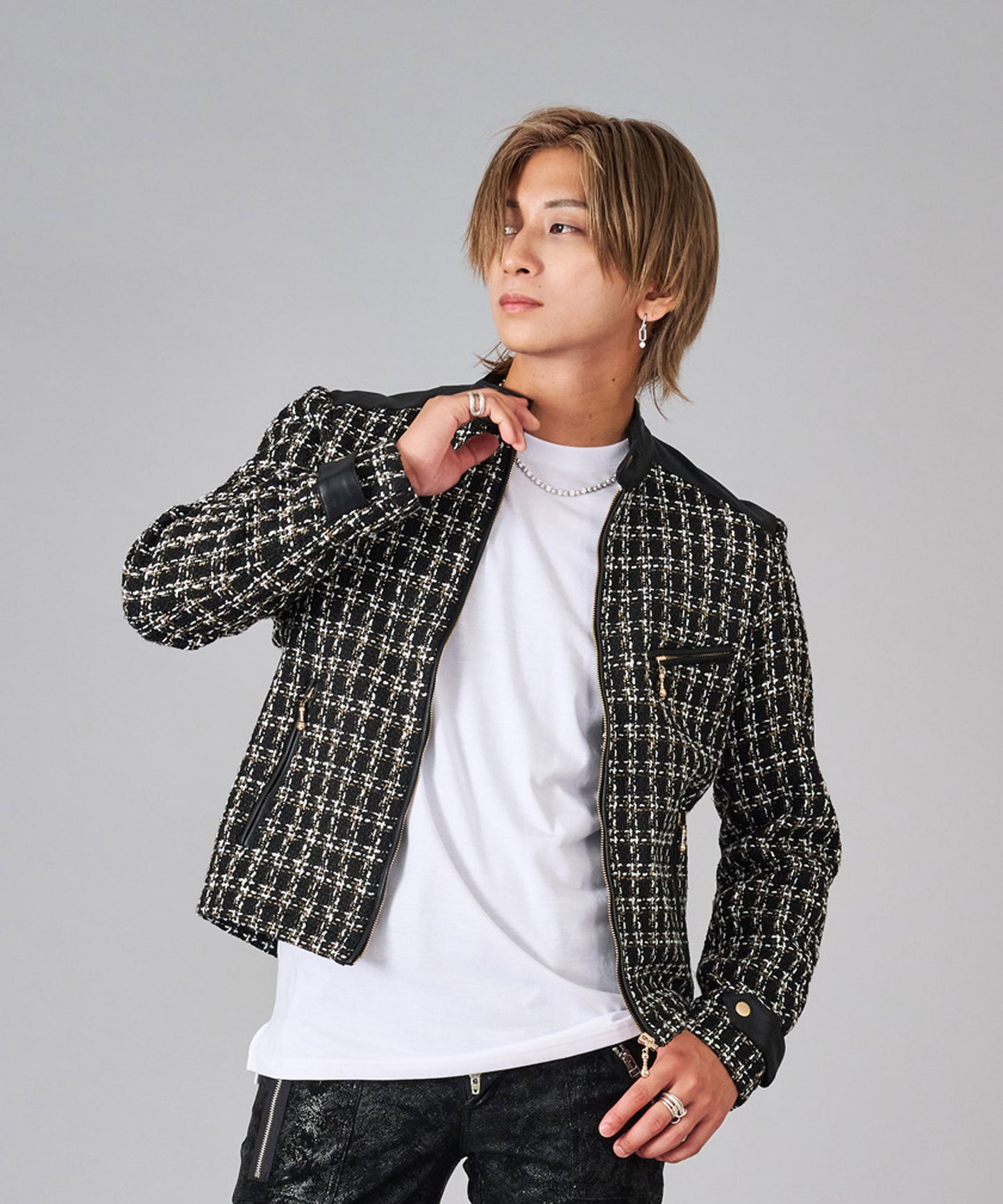 ツイードシングルライダースジャケット