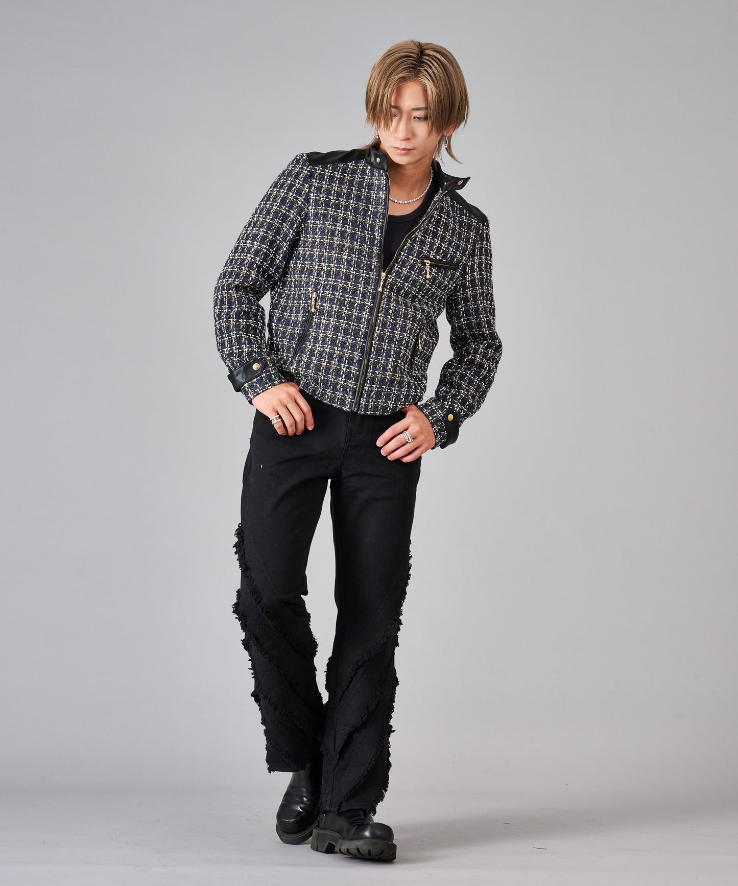 ツイードシングルライダースジャケット