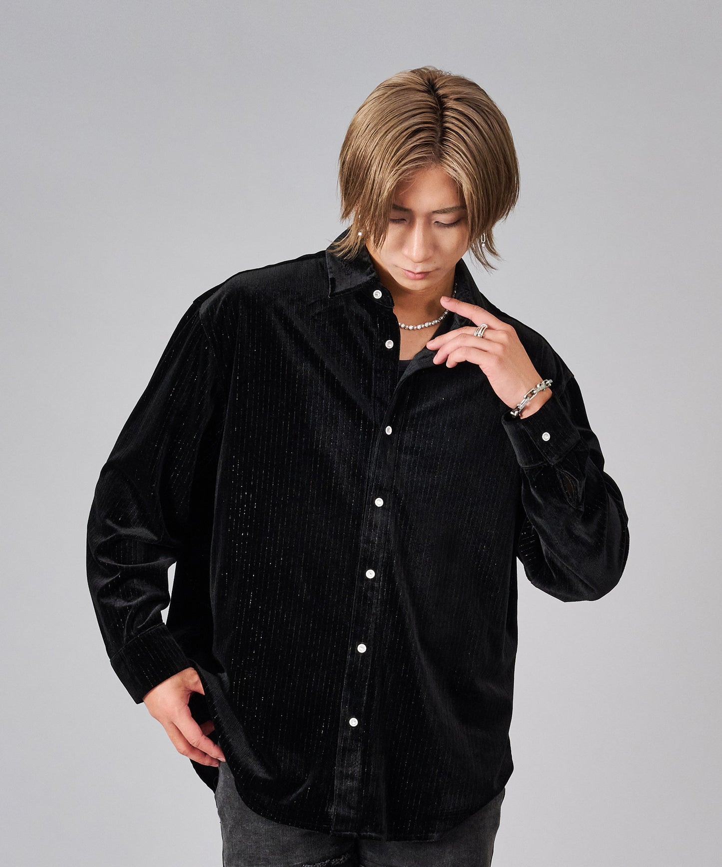 ラメストライプベロアシャツ