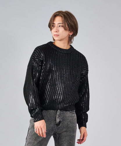 箔プリントショートセーター