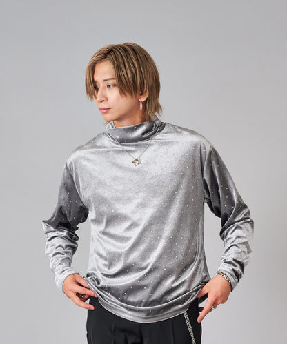 ラインストーン付きベロアタートルネック