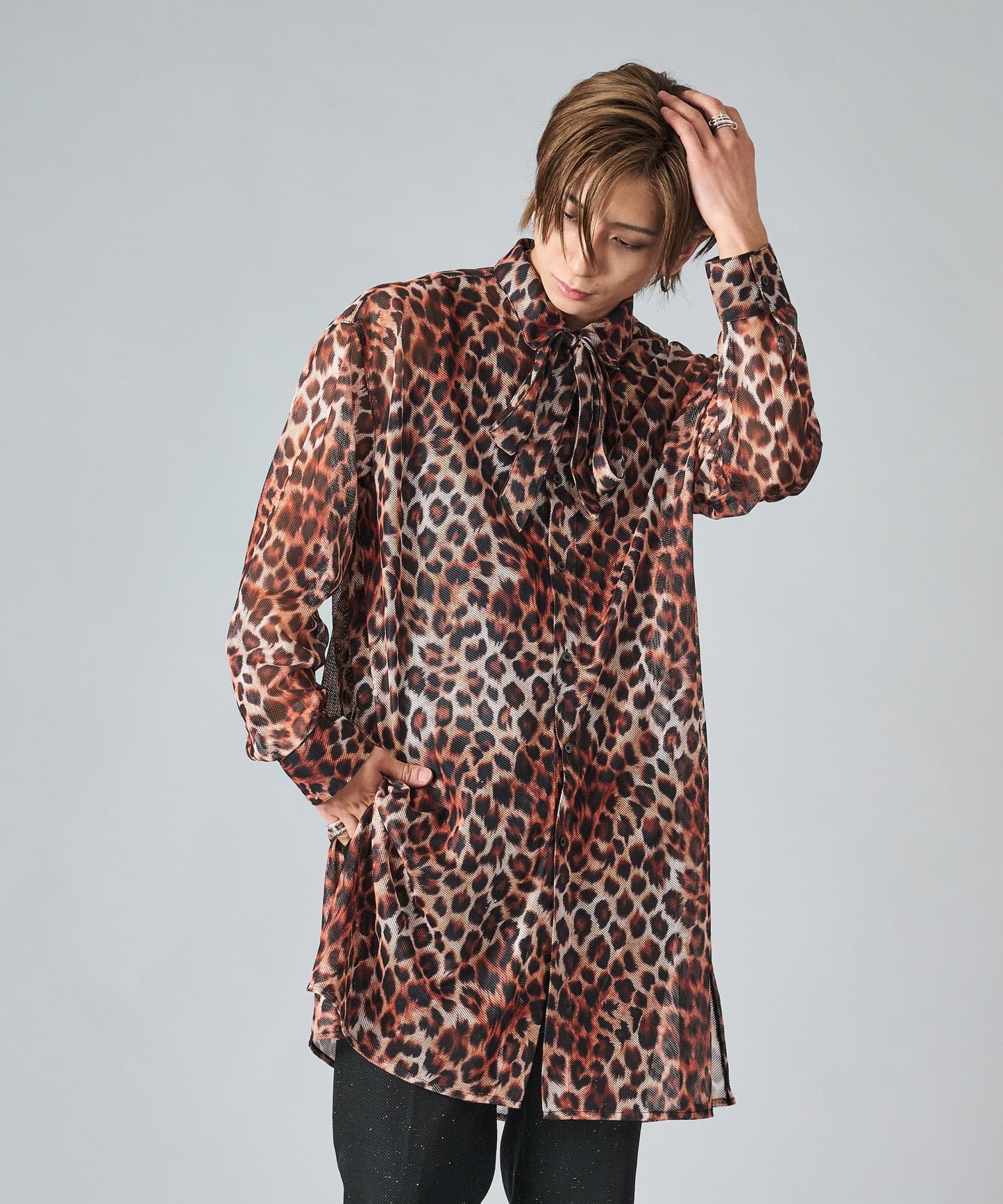 総プリントメッシュロングシャツ