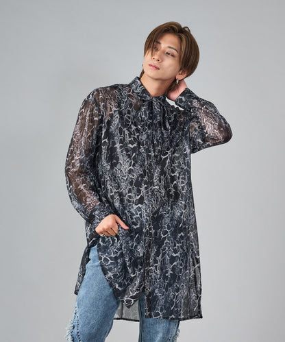 総プリントメッシュロングシャツ