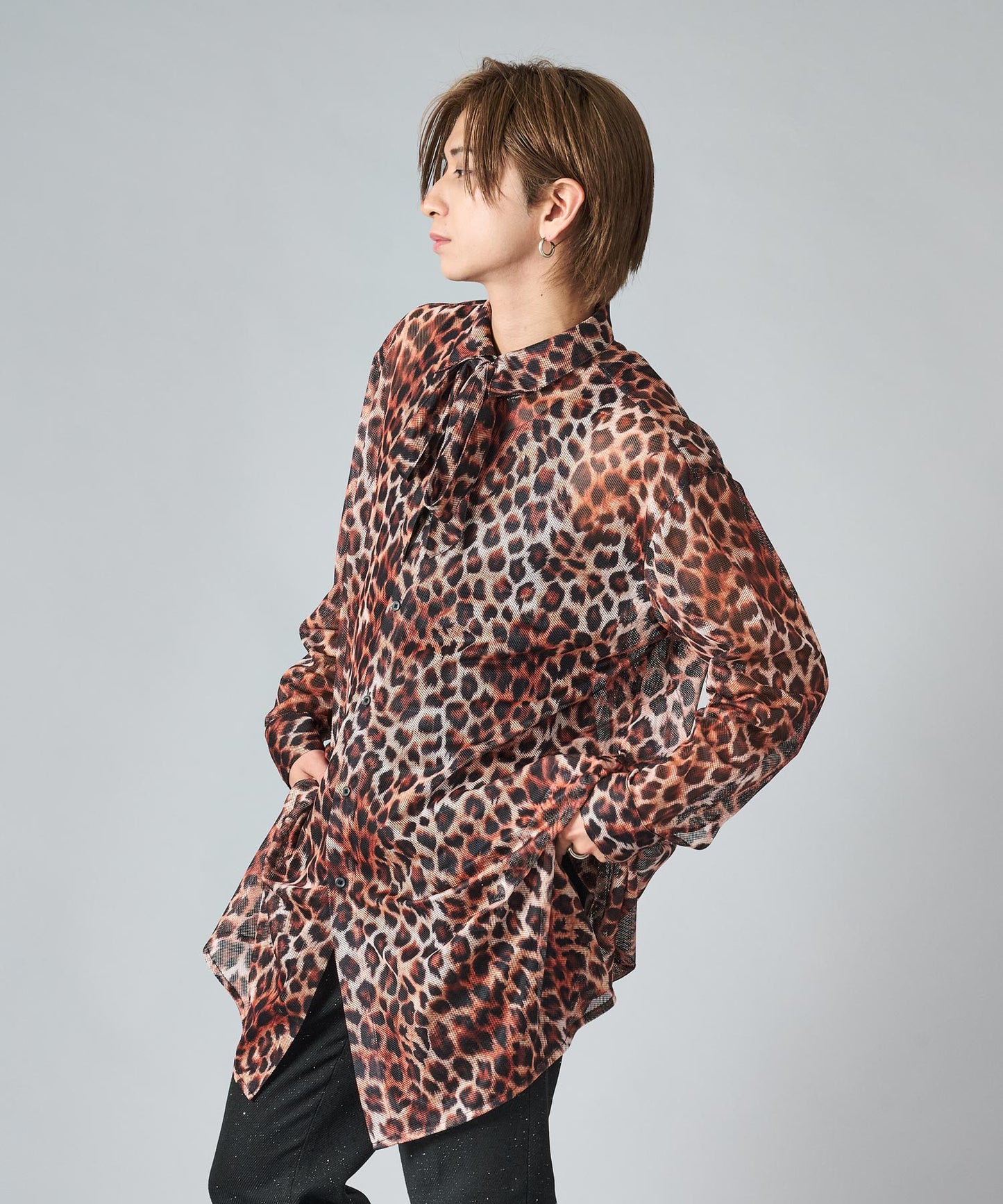 総プリントメッシュロングシャツ