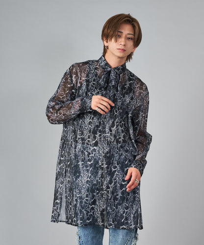 総プリントメッシュロングシャツ