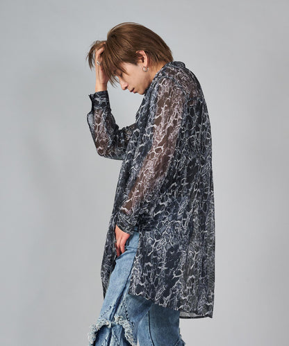 総プリントメッシュロングシャツ