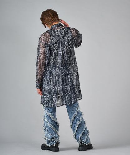 総プリントメッシュロングシャツ