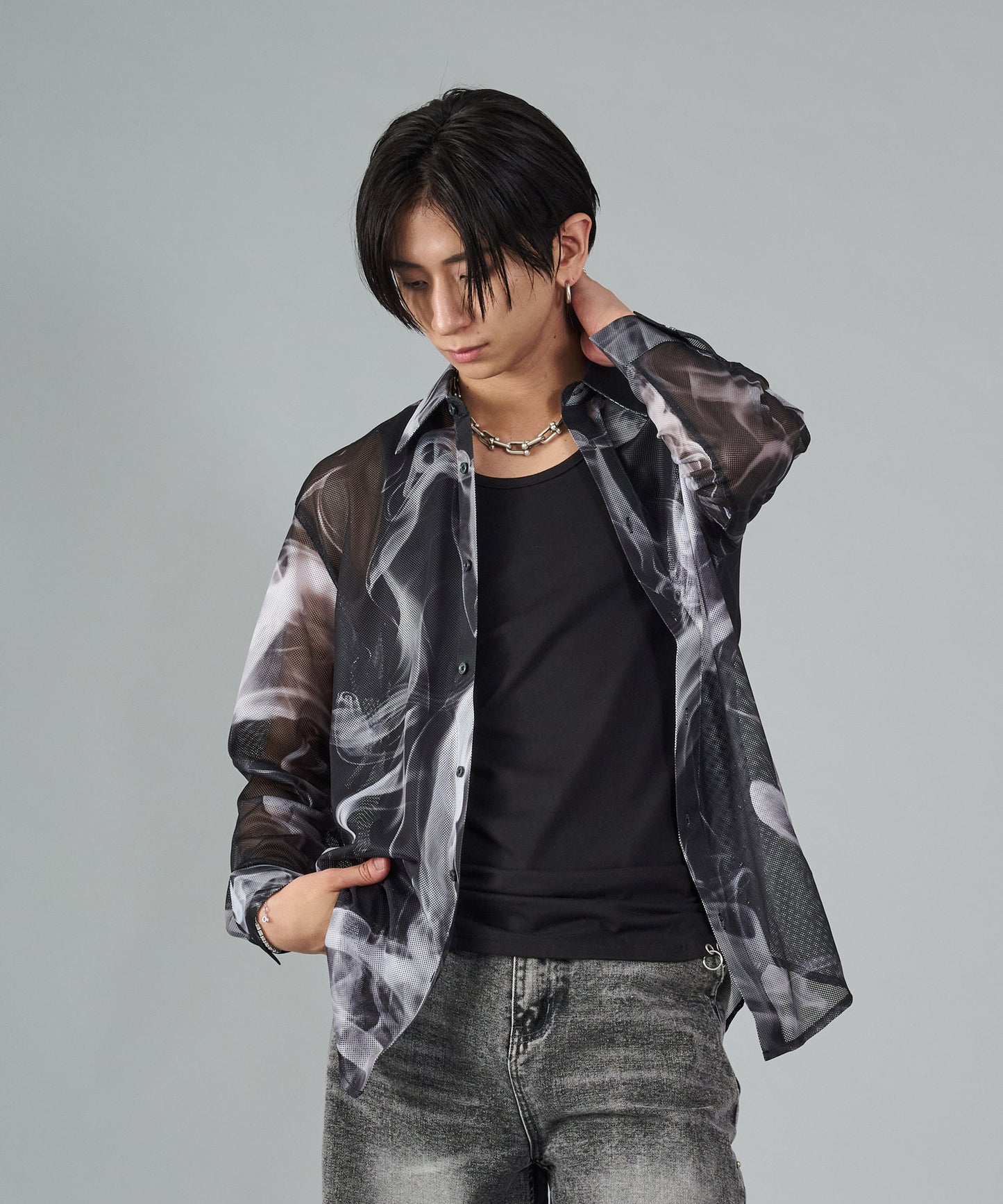 総プリントメッシュシャツ
