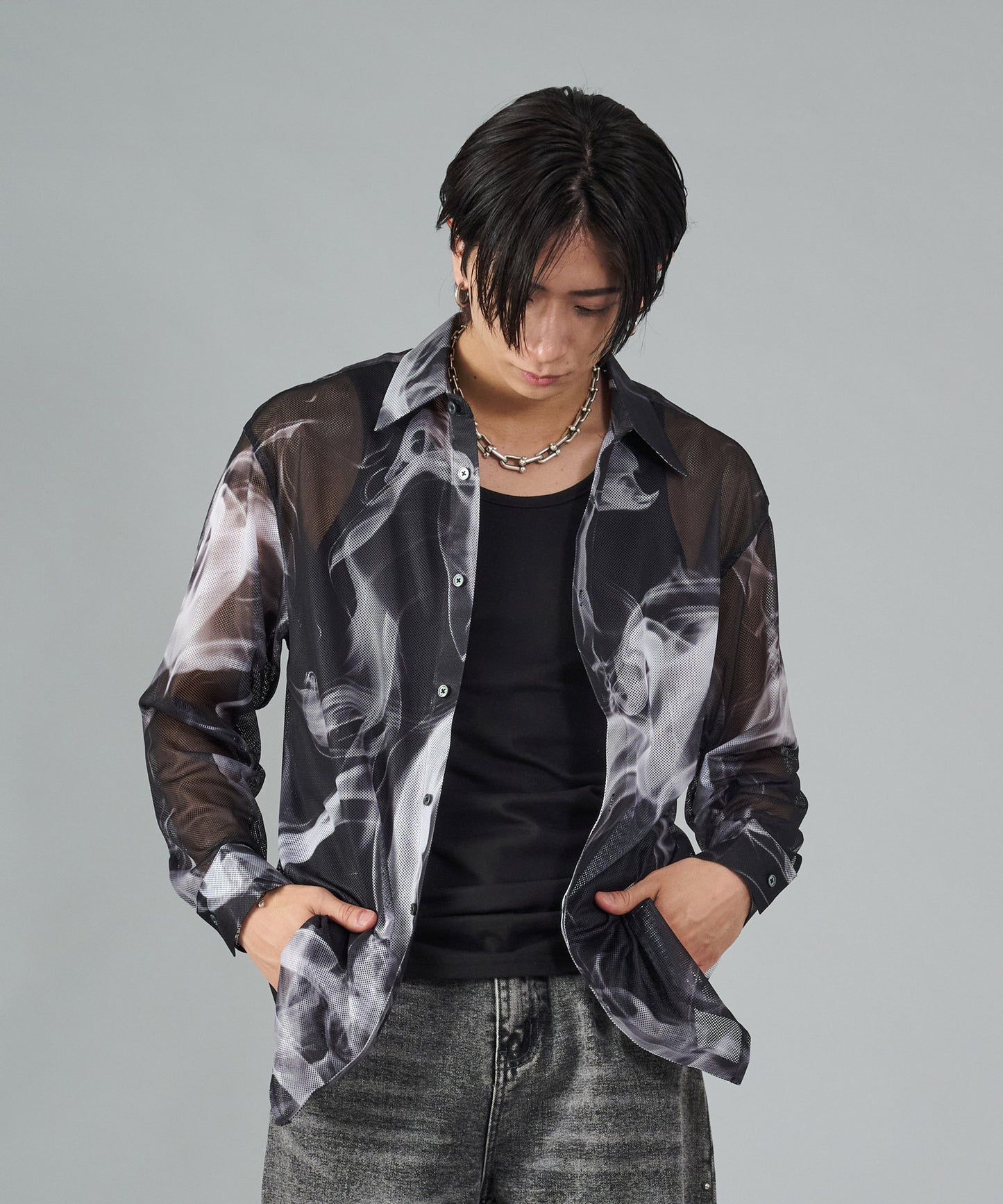 総プリントメッシュシャツ