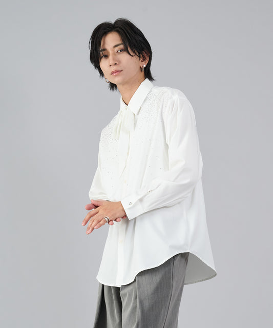 リボンタイ付きラインストーンシャツ