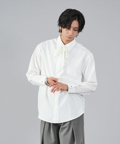 リボンタイ付きラインストーンシャツ
